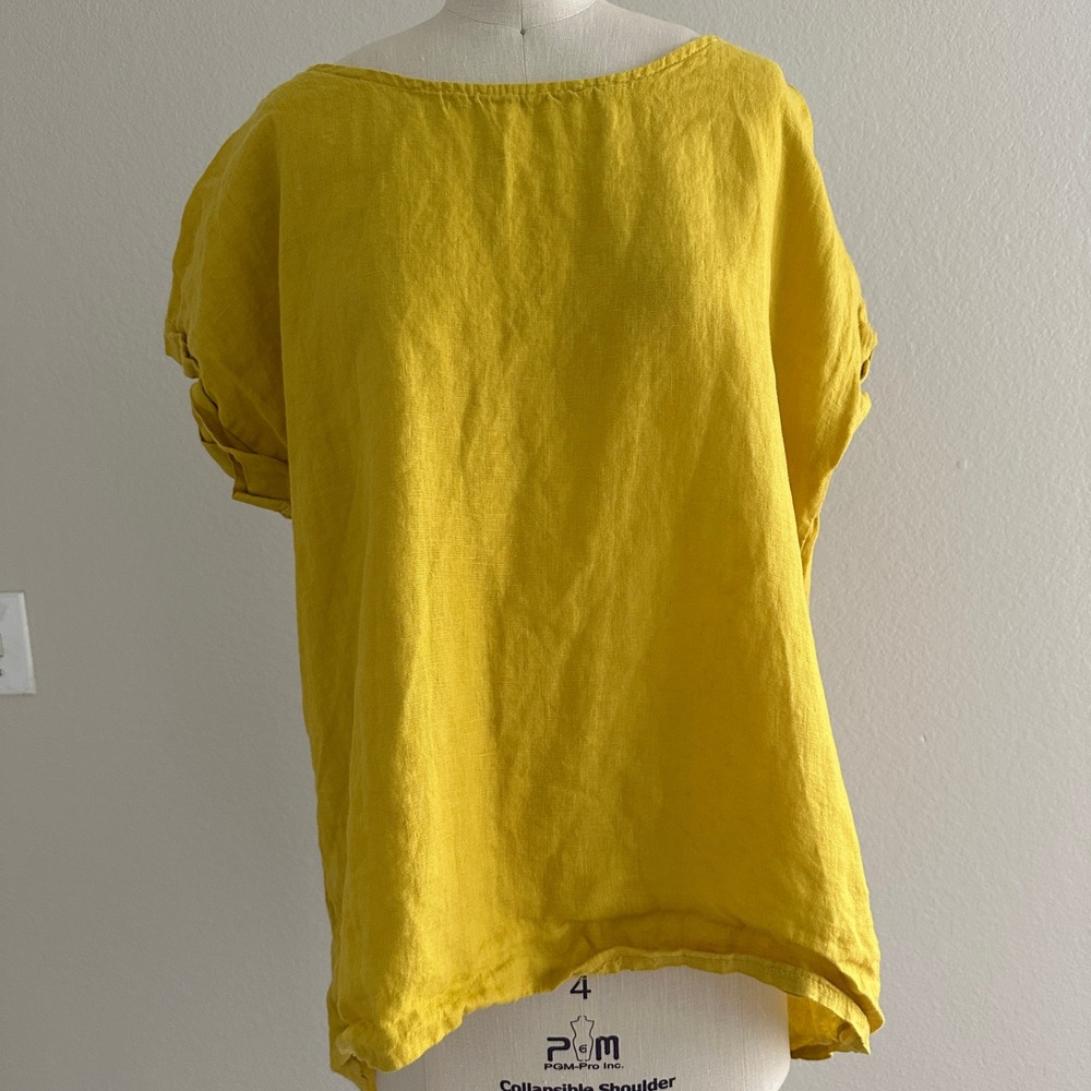 Terzo Millennio Top Women L Yellow Linen Hi Low Button Back Made in Italy